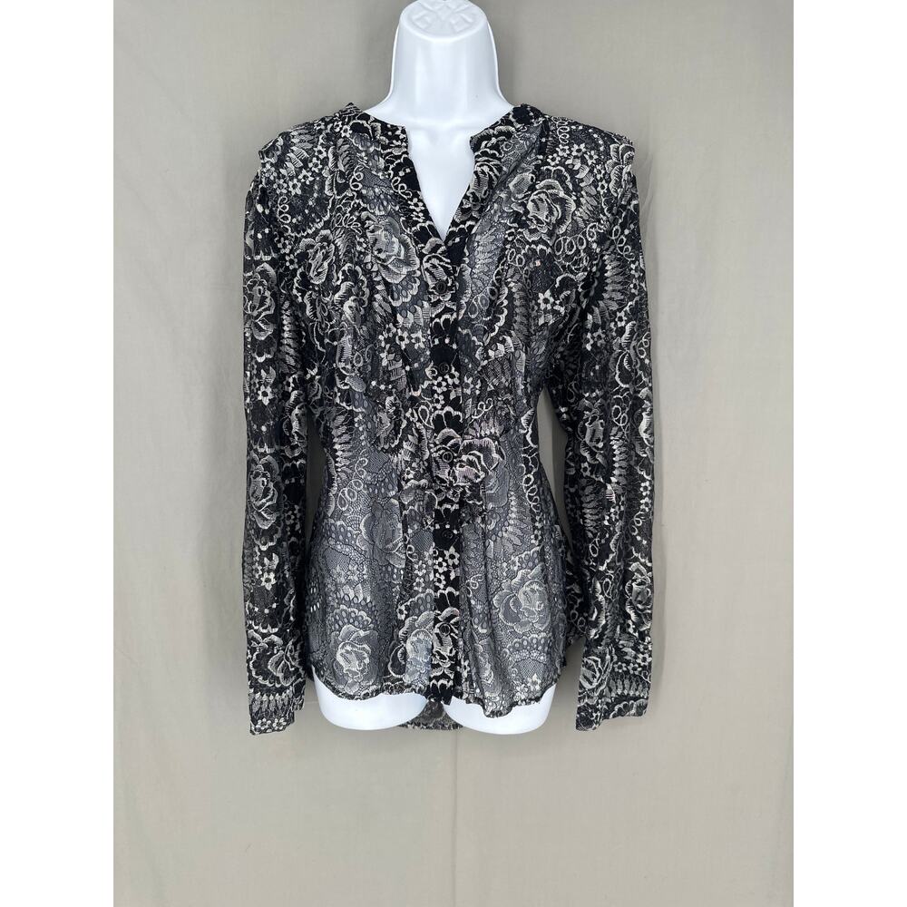 Y2K Vintage Top Womens Large Black Lace Silver Sheer Ruffle Button Whimsigoth